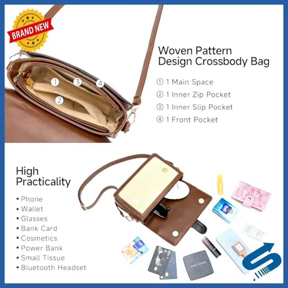 Straw Crossbody Bag PU Leather Adjustable Strap Woven Pattern Chic Summer